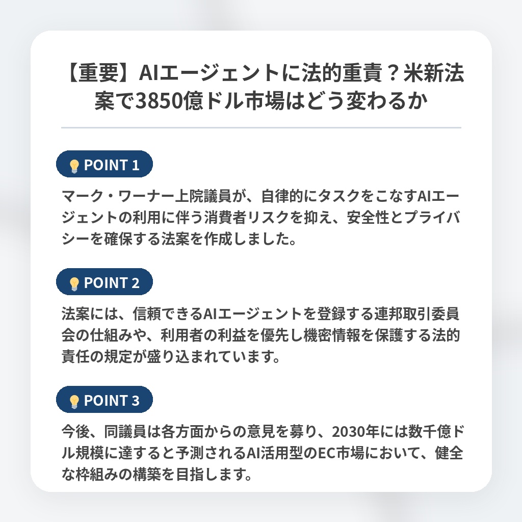 【重要】AIエージェントに法的重責？米新法案で3850億ドル市場はどう変わるかの注目ポイントまとめ