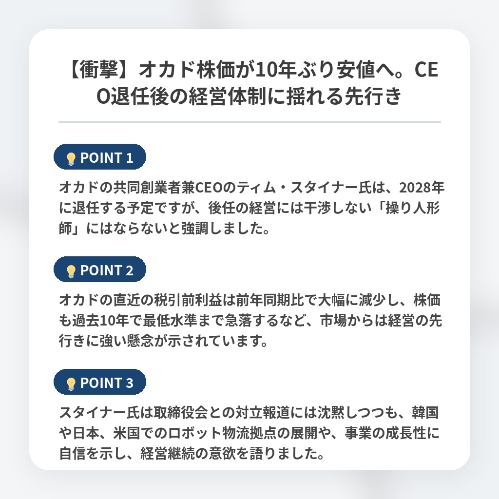 【衝撃】オカド株価が10年ぶり安値へ。CEO退任後の経営体制に揺れる先行きの注目ポイントまとめ