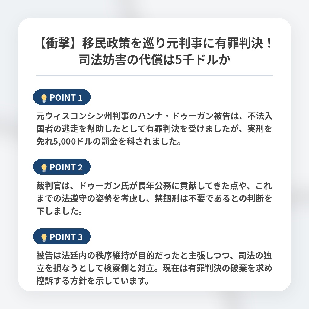 【衝撃】移民政策を巡り元判事に有罪判決！司法妨害の代償は5千ドルかの注目ポイントまとめ