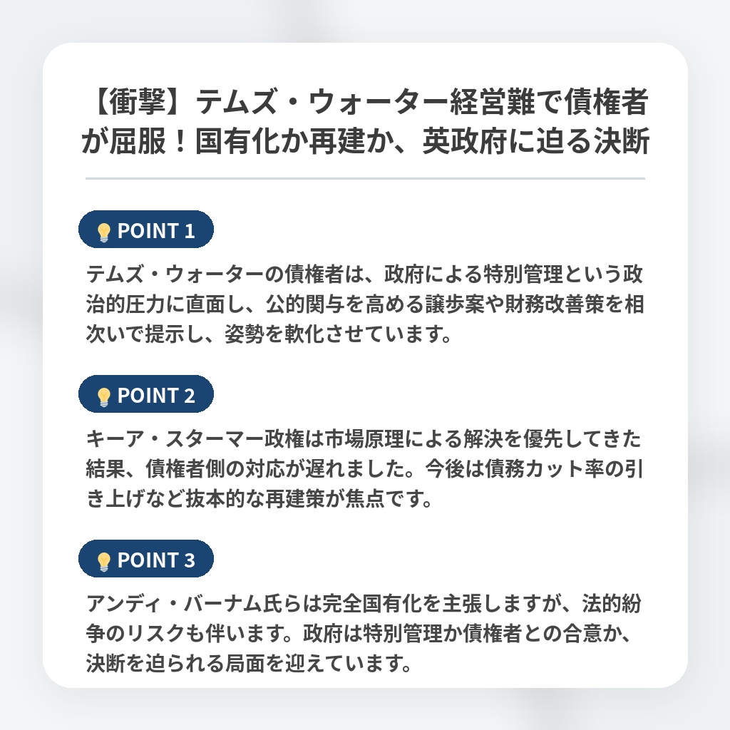 【衝撃】テムズ・ウォーター経営難で債権者が屈服！国有化か再建か、英政府に迫る決断の注目ポイントまとめ