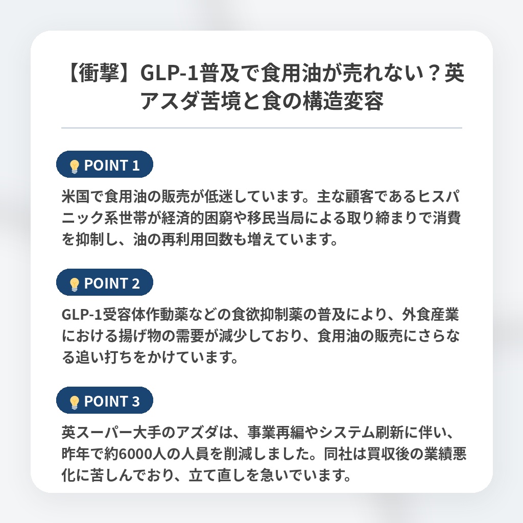 【衝撃】GLP-1普及で食用油が売れない?英アスダ苦境と食の構造変容の注目ポイントまとめ