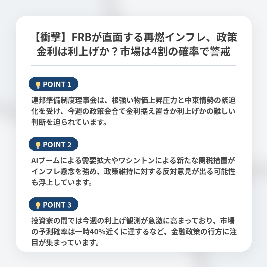 【衝撃】FRBが直面する再燃インフレ、政策金利は利上げか？市場は4割の確率で警戒の注目ポイントまとめ