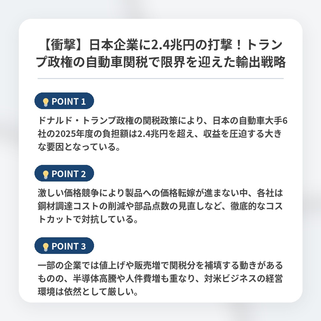 【衝撃】日本企業に2.4兆円の打撃！トランプ政権の自動車関税で限界を迎えた輸出戦略の注目ポイントまとめ