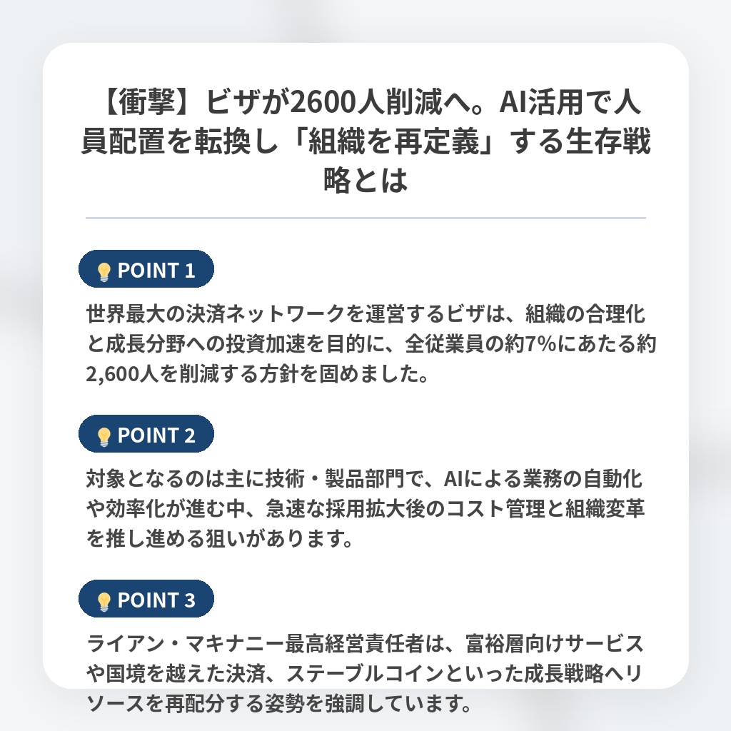 【衝撃】ビザが2600人削減へ。AI活用で人員配置を転換し「組織を再定義」する生存戦略とはの注目ポイントまとめ