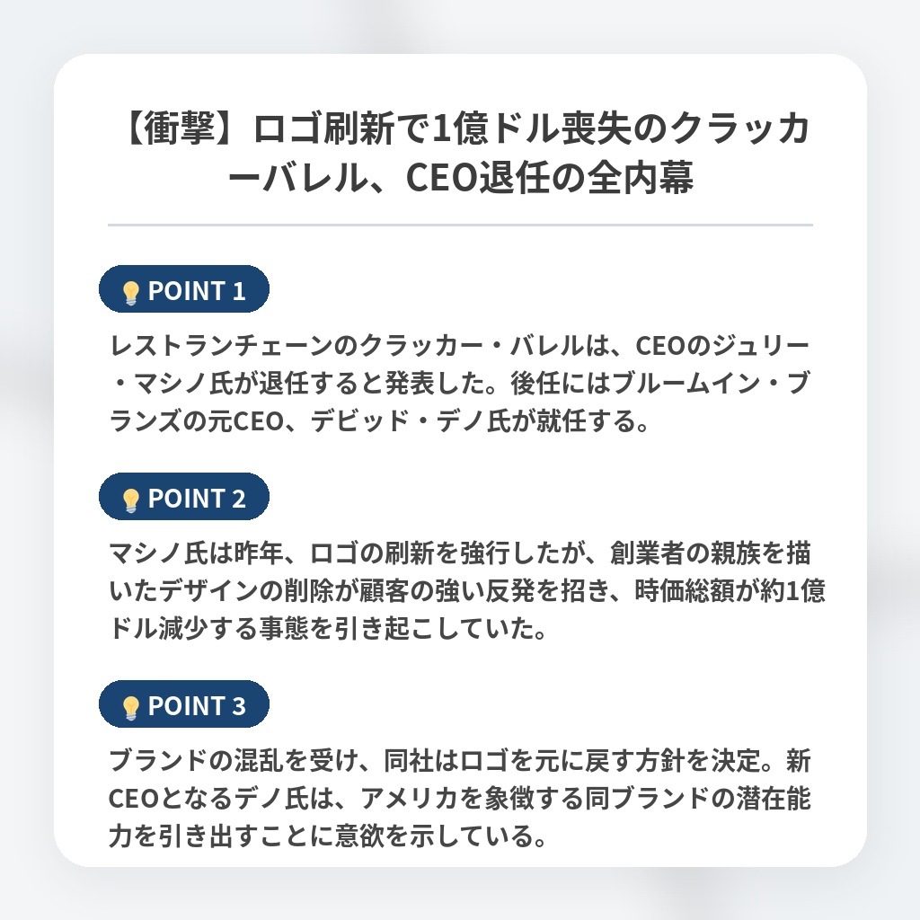 【衝撃】ロゴ刷新で1億ドル喪失のクラッカーバレル、CEO退任の全内幕の注目ポイントまとめ
