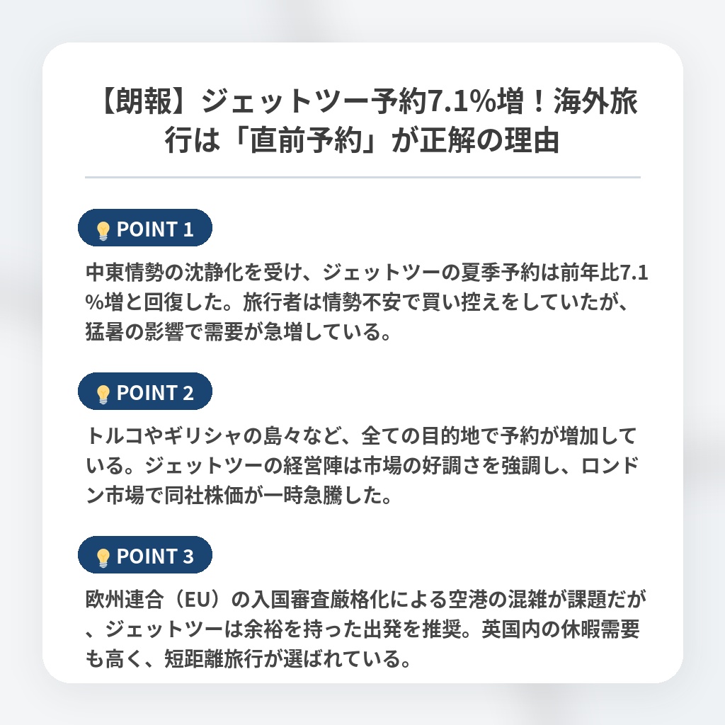 【朗報】ジェットツー予約7.1%増！海外旅行は「直前予約」が正解の理由の注目ポイントまとめ