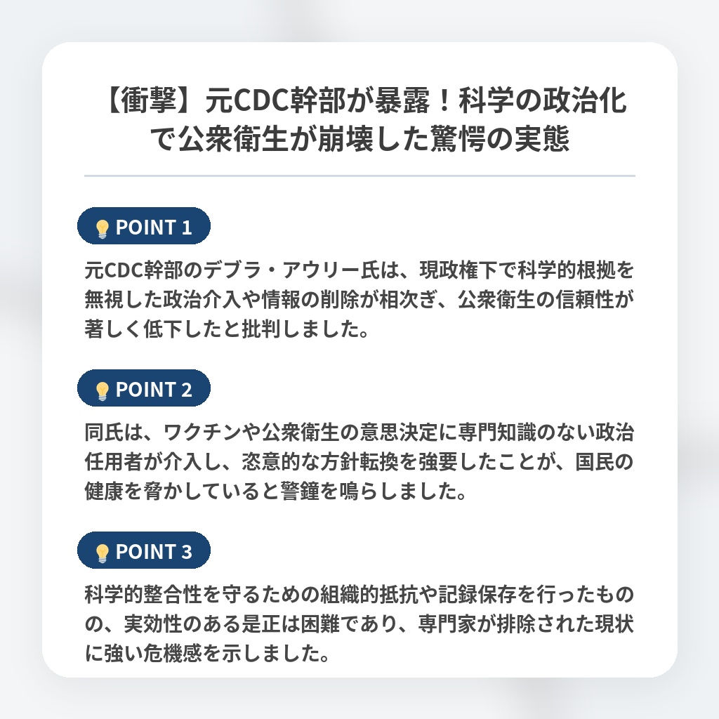 【衝撃】元CDC幹部が暴露！科学の政治化で公衆衛生が崩壊した驚愕の実態の注目ポイントまとめ