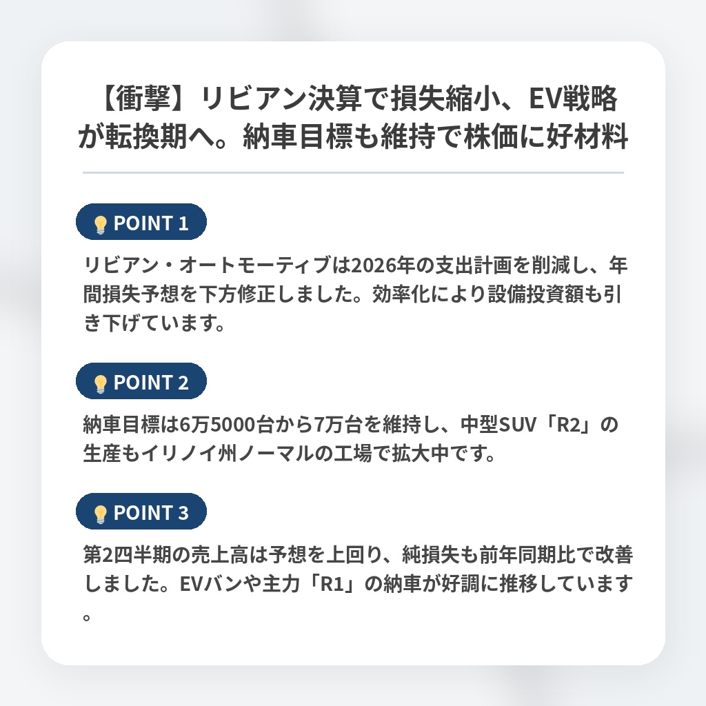 【衝撃】リビアン決算で損失縮小、EV戦略が転換期へ。納車目標も維持で株価に好材料の注目ポイントまとめ