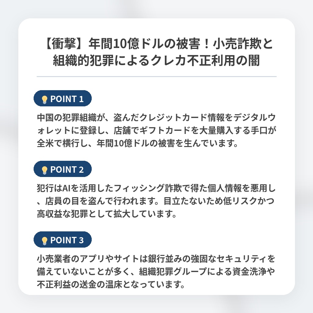 【衝撃】年間10億ドルの被害！小売詐欺と組織的犯罪によるクレカ不正利用の闇の注目ポイントまとめ