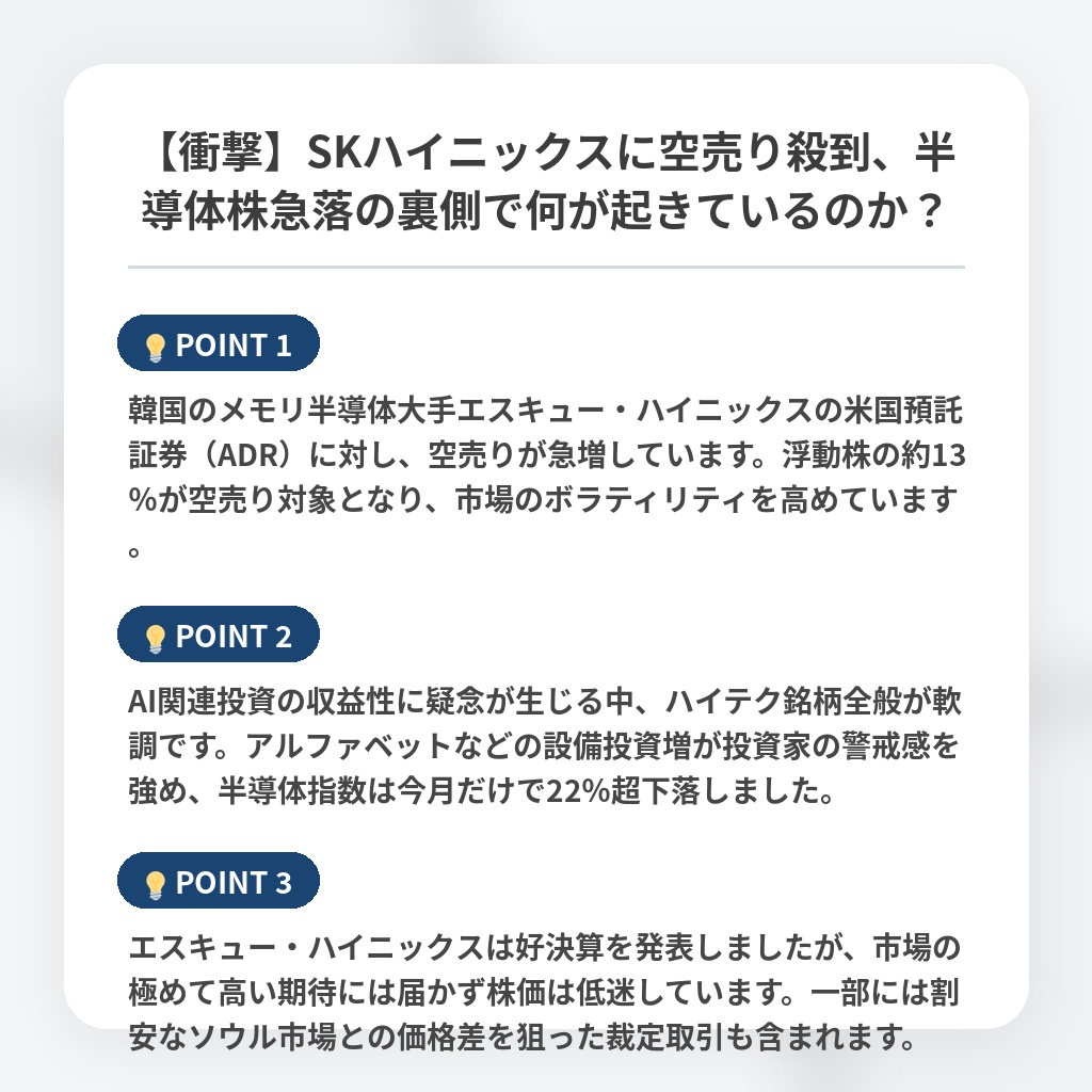 【衝撃】SKハイニックスに空売り殺到、半導体株急落の裏側で何が起きているのか？の注目ポイントまとめ
