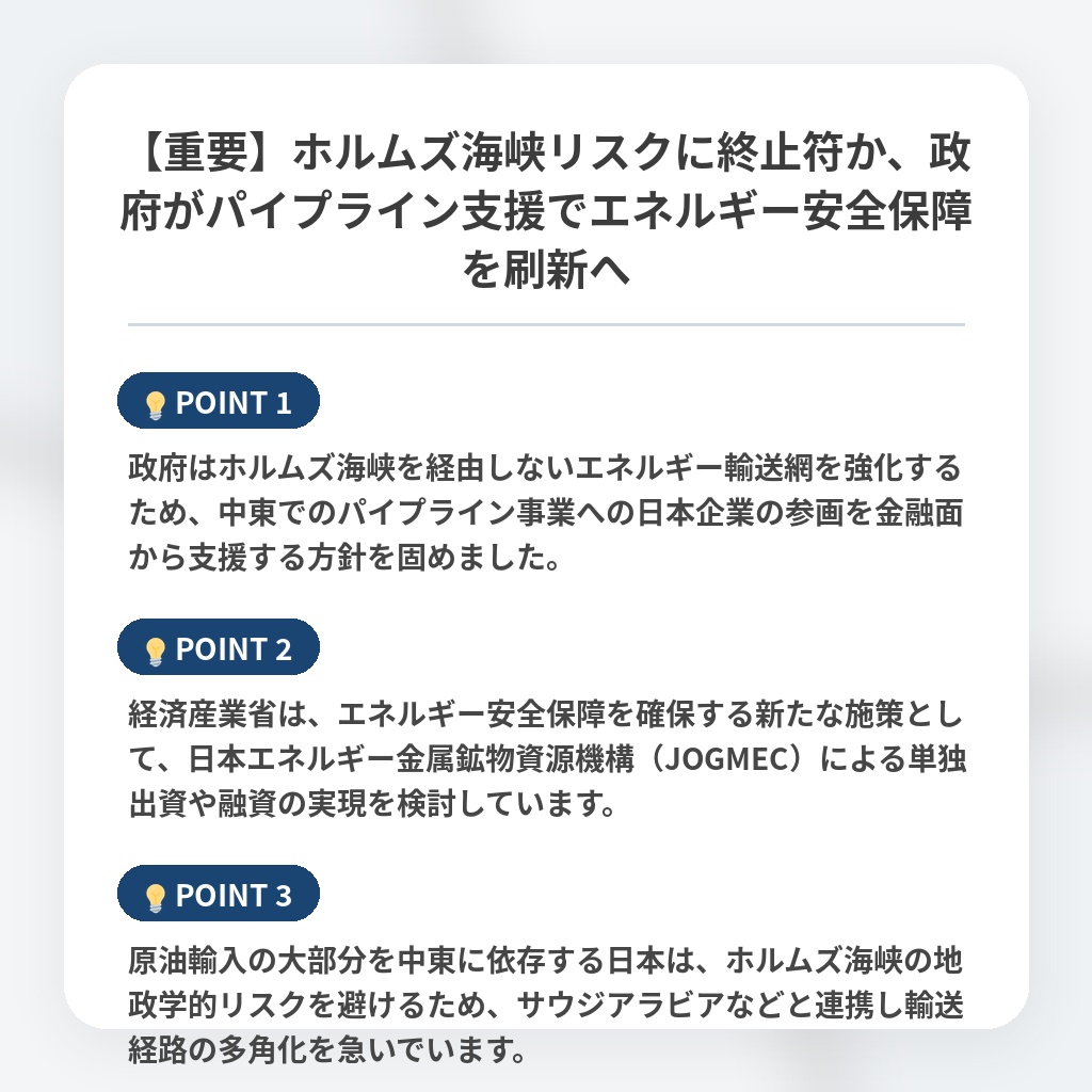 【重要】ホルムズ海峡リスクに終止符か、政府がパイプライン支援でエネルギー安全保障を刷新への注目ポイントまとめ