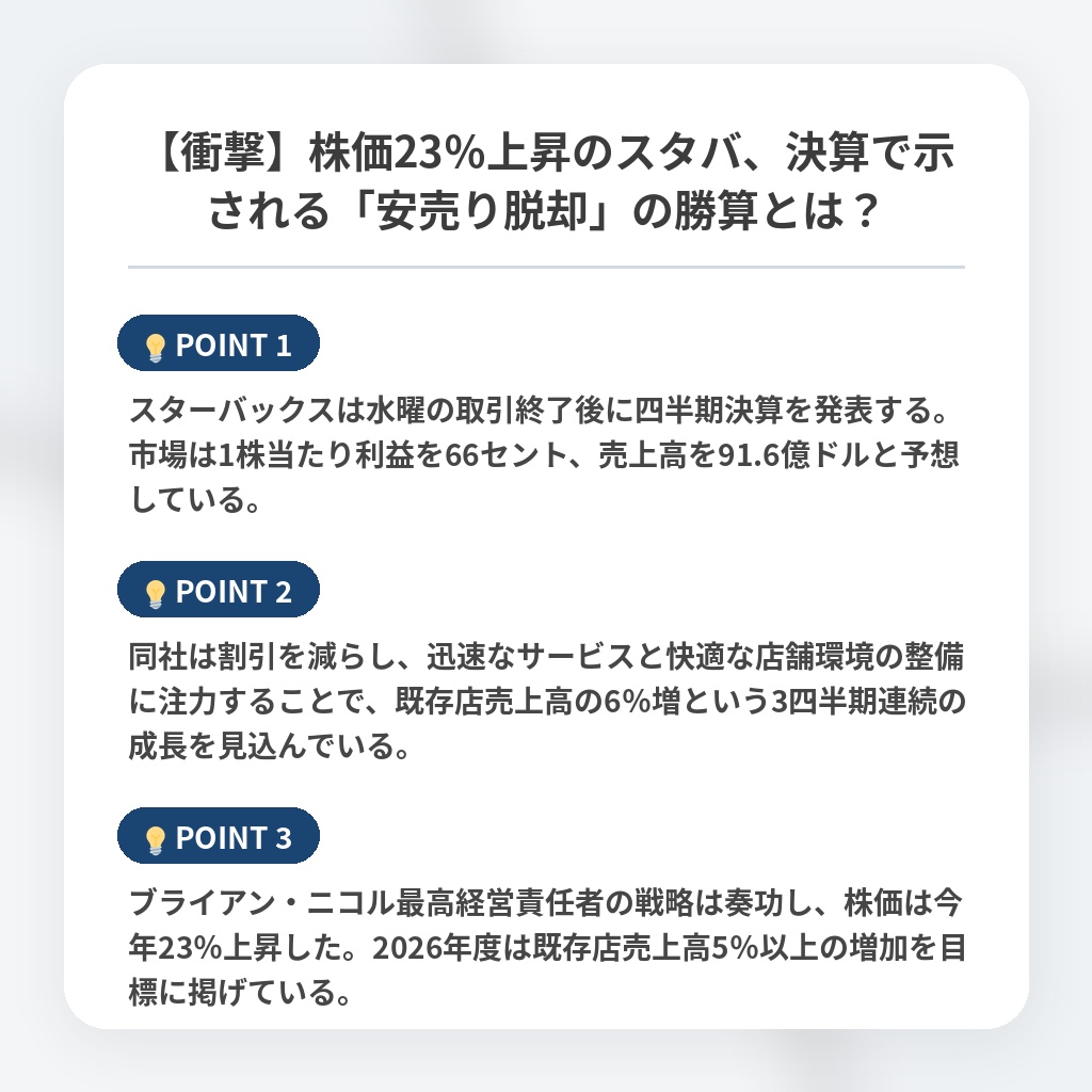 【衝撃】株価23％上昇のスタバ、決算で示される「安売り脱却」の勝算とは？の注目ポイントまとめ