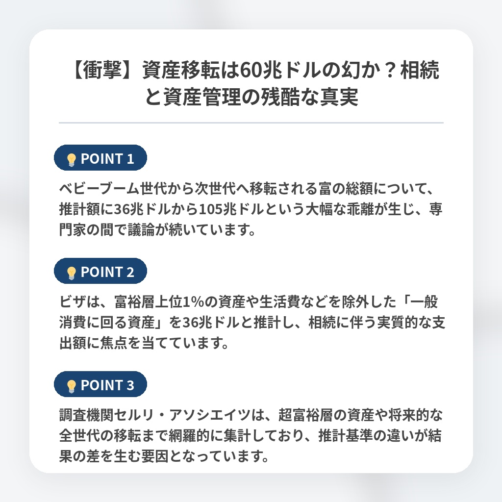 【衝撃】資産移転は60兆ドルの幻か?相続と資産管理の残酷な真実の注目ポイントまとめ