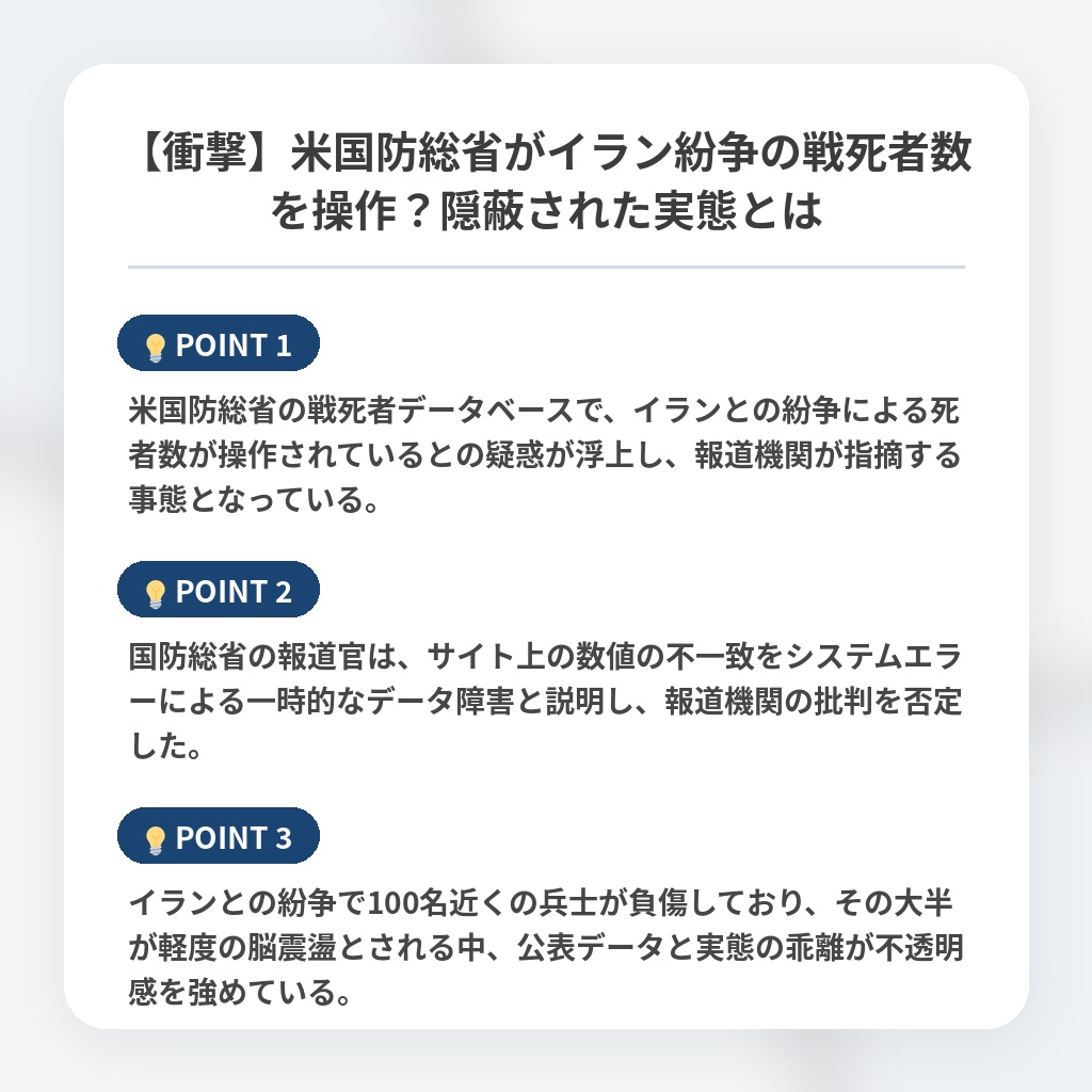 【衝撃】米国防総省がイラン紛争の戦死者数を操作?隠蔽された実態とはの注目ポイントまとめ