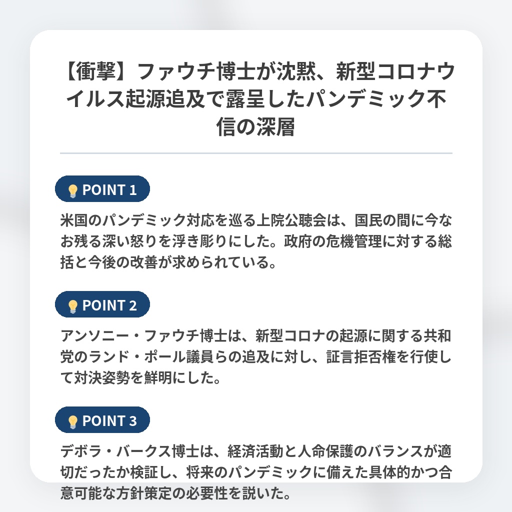 【衝撃】ファウチ博士が沈黙、新型コロナウイルス起源追及で露呈したパンデミック不信の深層の注目ポイントまとめ
