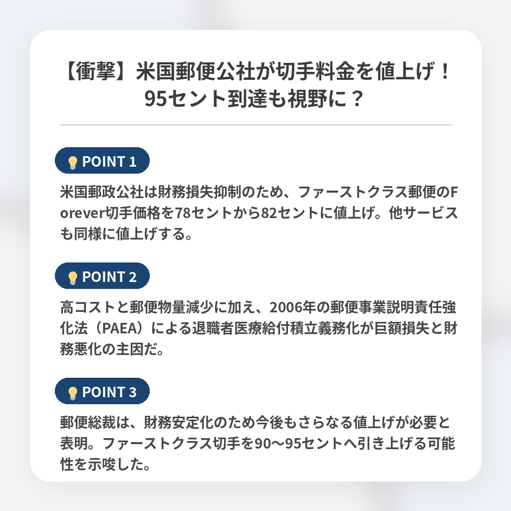 【衝撃】米国郵便公社が切手料金を値上げ！95セント到達も視野に？の注目ポイントまとめ