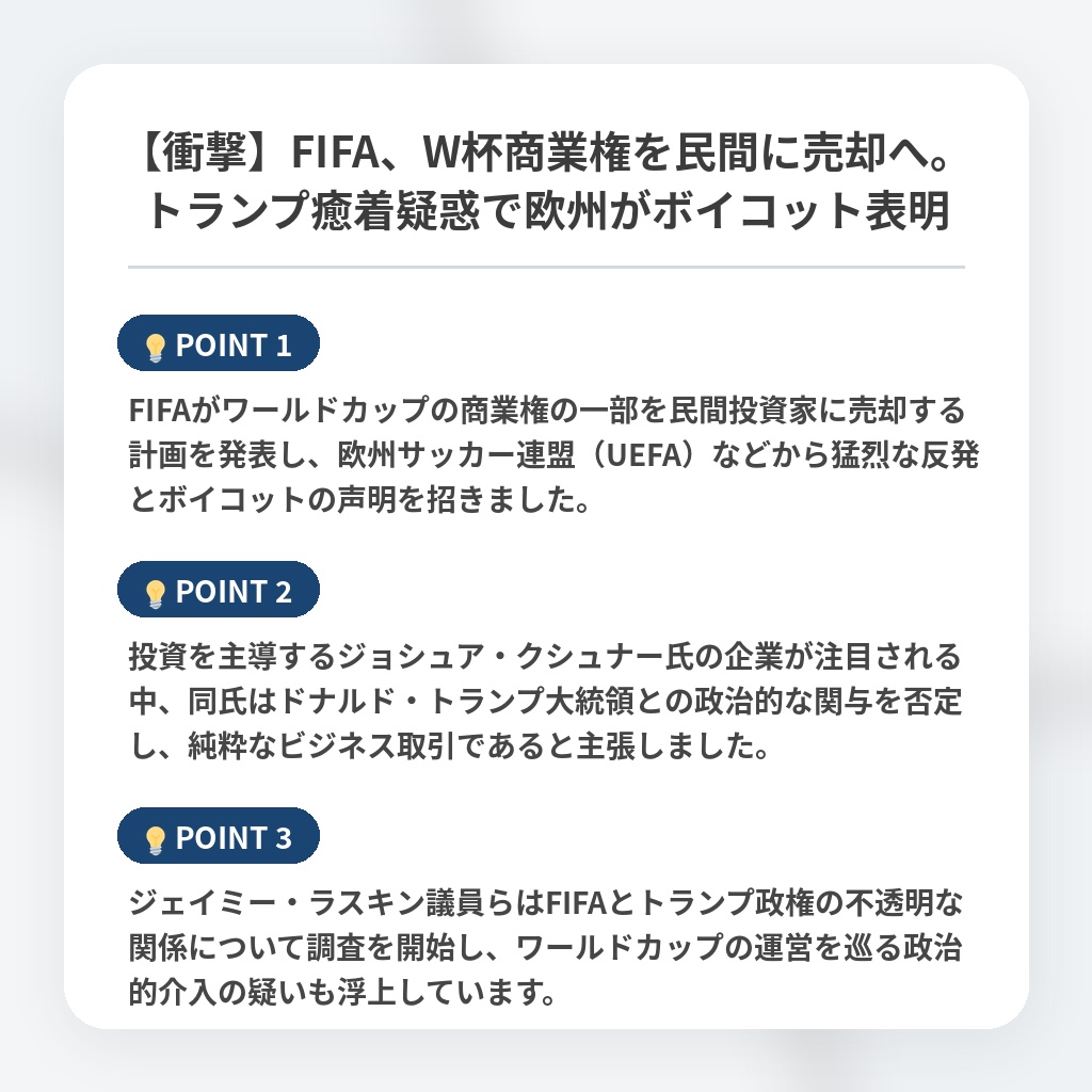 【衝撃】FIFA、W杯商業権を民間に売却へ。トランプ癒着疑惑で欧州がボイコット表明の注目ポイントまとめ