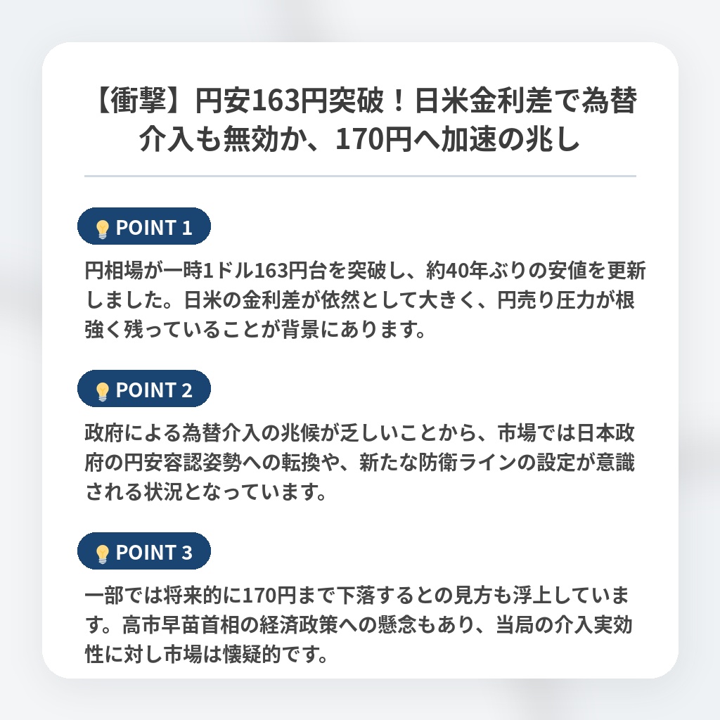 【衝撃】円安163円突破！日米金利差で為替介入も無効か、170円へ加速の兆しの注目ポイントまとめ