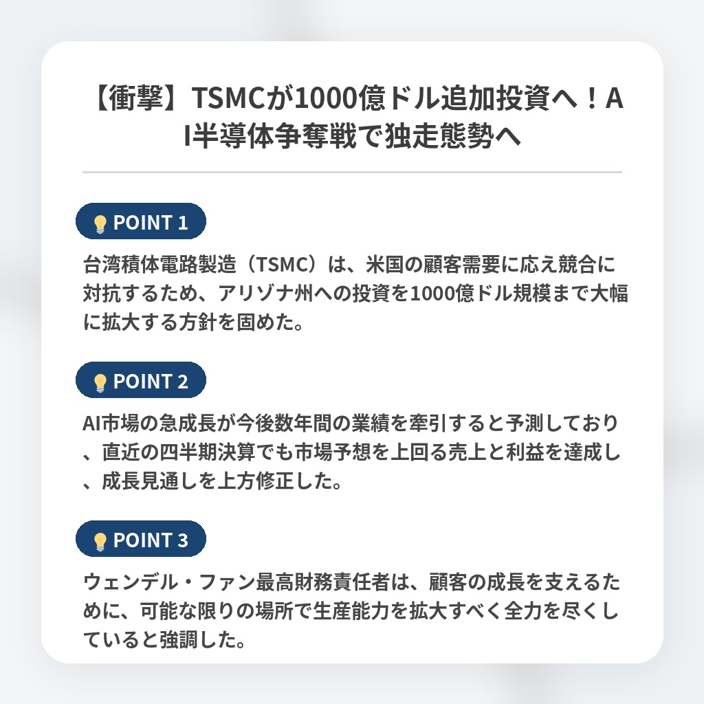 【衝撃】TSMCが1000億ドル追加投資へ！AI半導体争奪戦で独走態勢への注目ポイントまとめ