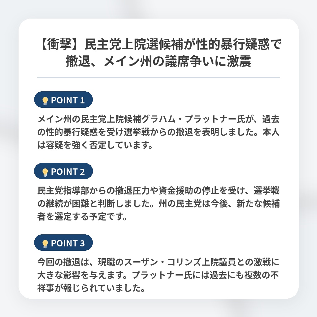 【衝撃】民主党上院選候補が性的暴行疑惑で撤退、メイン州の議席争いに激震の注目ポイントまとめ