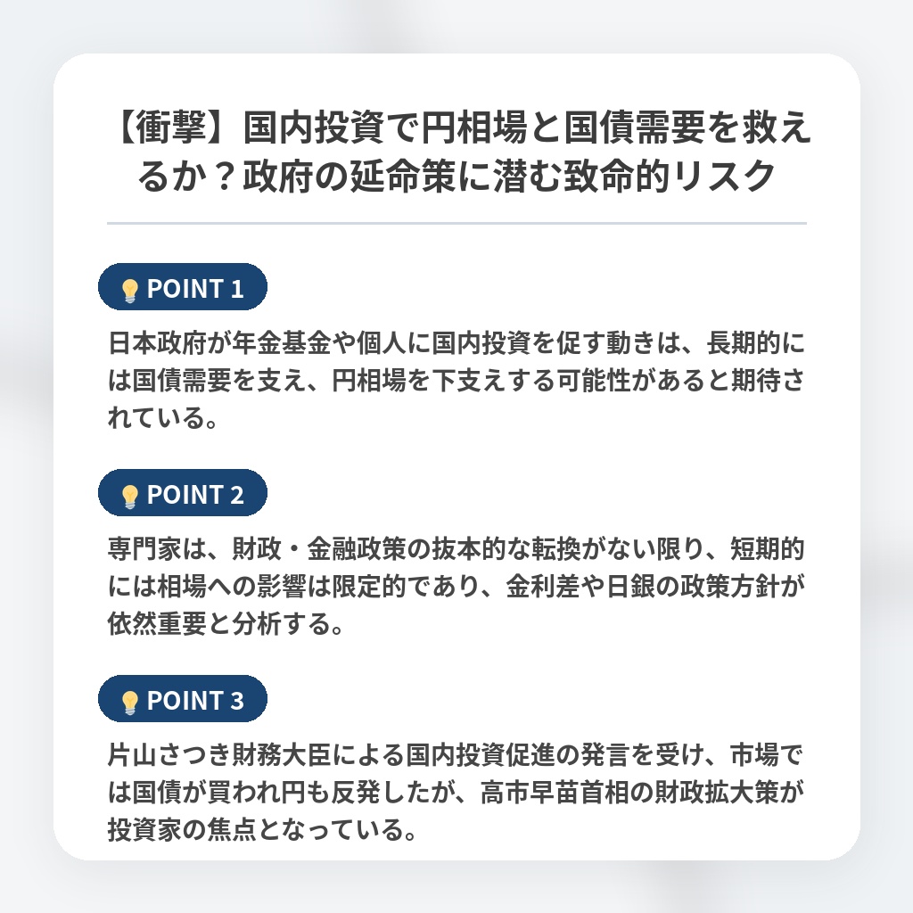 【衝撃】国内投資で円相場と国債需要を救えるか？政府の延命策に潜む致命的リスクの注目ポイントまとめ
