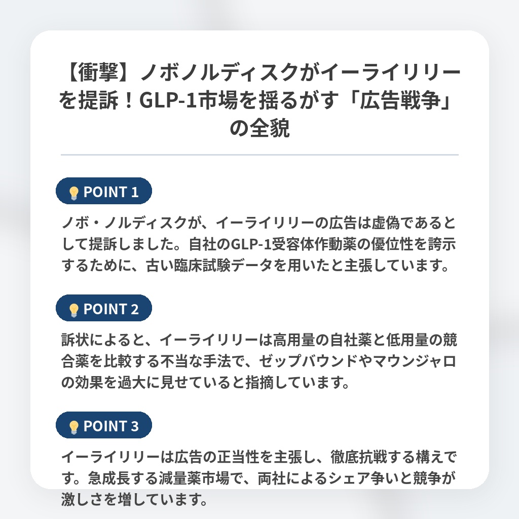 【衝撃】ノボノルディスクがイーライリリーを提訴!GLP-1市場を揺るがす「広告戦争」の全貌の注目ポイントまとめ