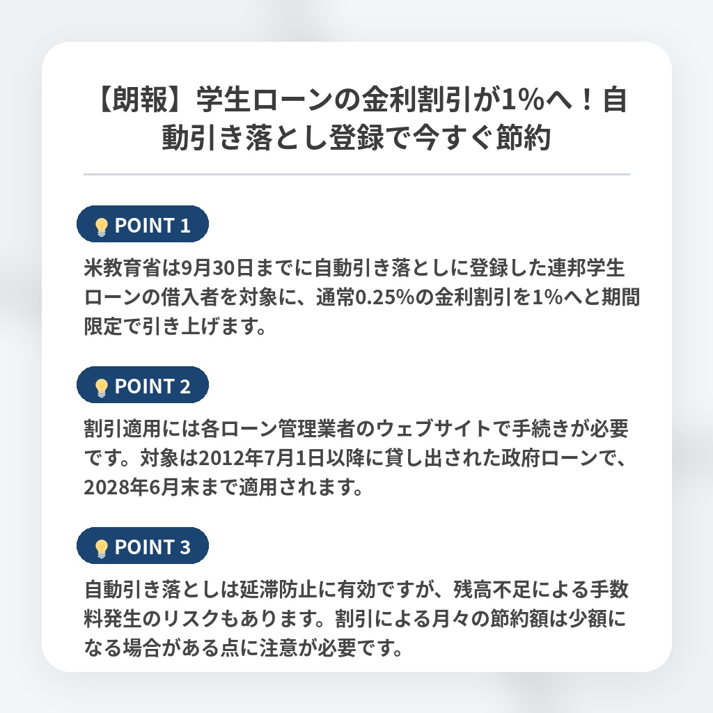 【朗報】学生ローンの金利割引が1％へ！自動引き落とし登録で今すぐ節約の注目ポイントまとめ