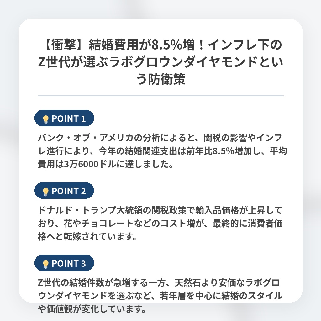 【衝撃】結婚費用が8.5%増!インフレ下のZ世代が選ぶラボグロウンダイヤモンドという防衛策の注目ポイントまとめ