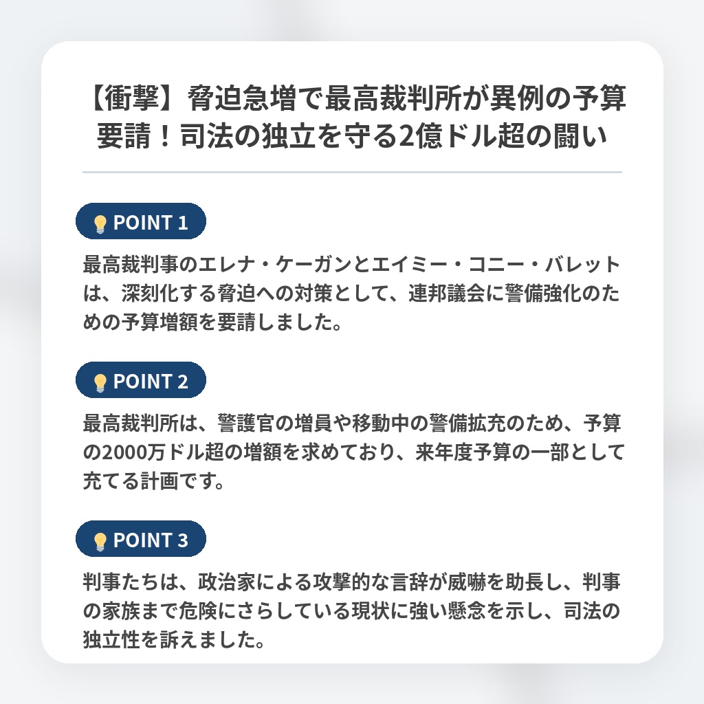 【衝撃】脅迫急増で最高裁判所が異例の予算要請！司法の独立を守る2億ドル超の闘いの注目ポイントまとめ