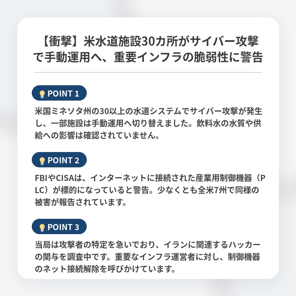 【衝撃】米水道施設30カ所がサイバー攻撃で手動運用へ、重要インフラの脆弱性に警告の注目ポイントまとめ
