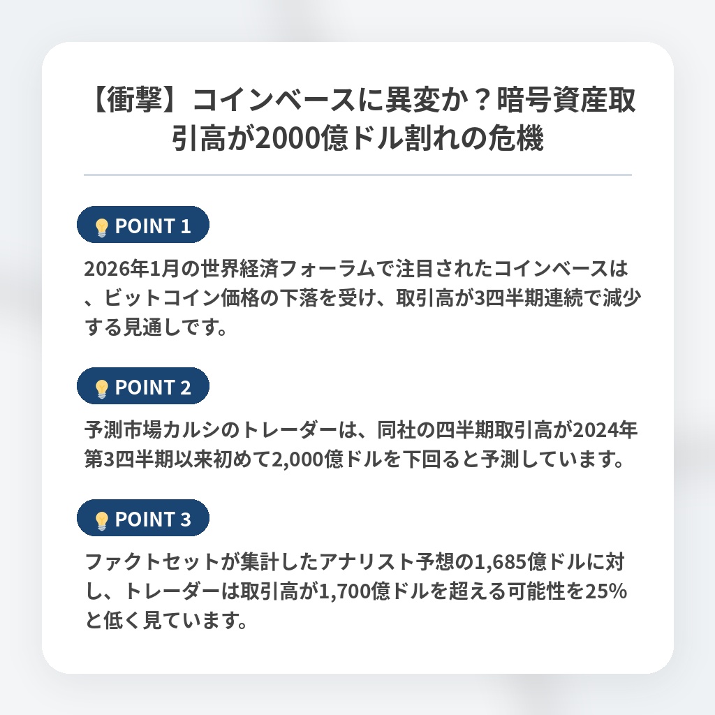 【衝撃】コインベースに異変か？暗号資産取引高が2000億ドル割れの危機の注目ポイントまとめ