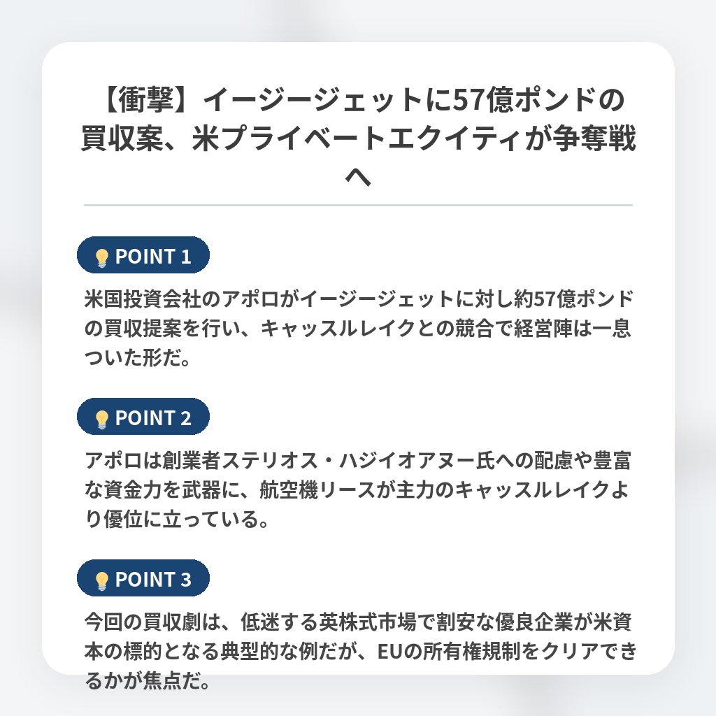 【衝撃】イージージェットに57億ポンドの買収案、米プライベートエクイティが争奪戦への注目ポイントまとめ