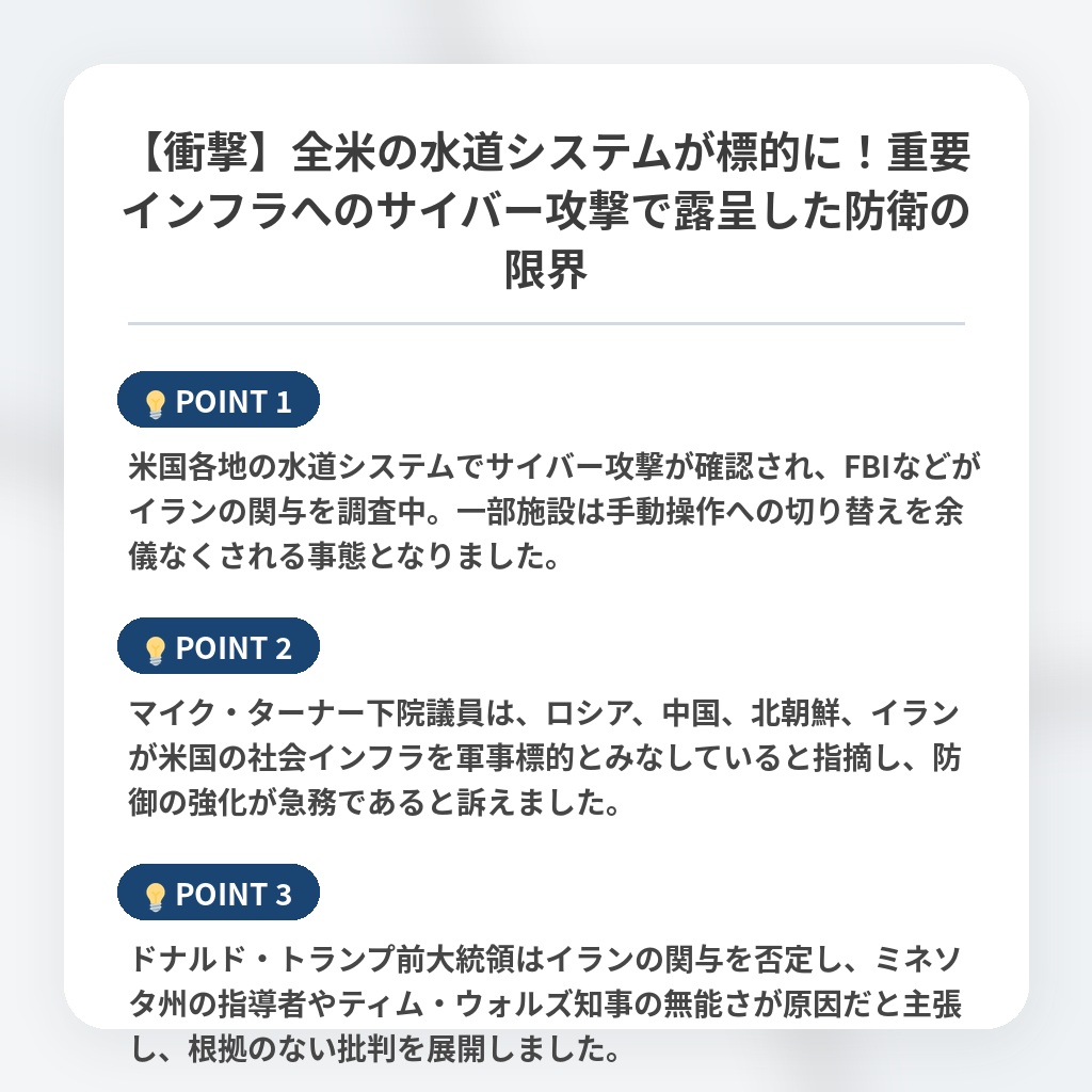 【衝撃】全米の水道システムが標的に！重要インフラへのサイバー攻撃で露呈した防衛の限界の注目ポイントまとめ