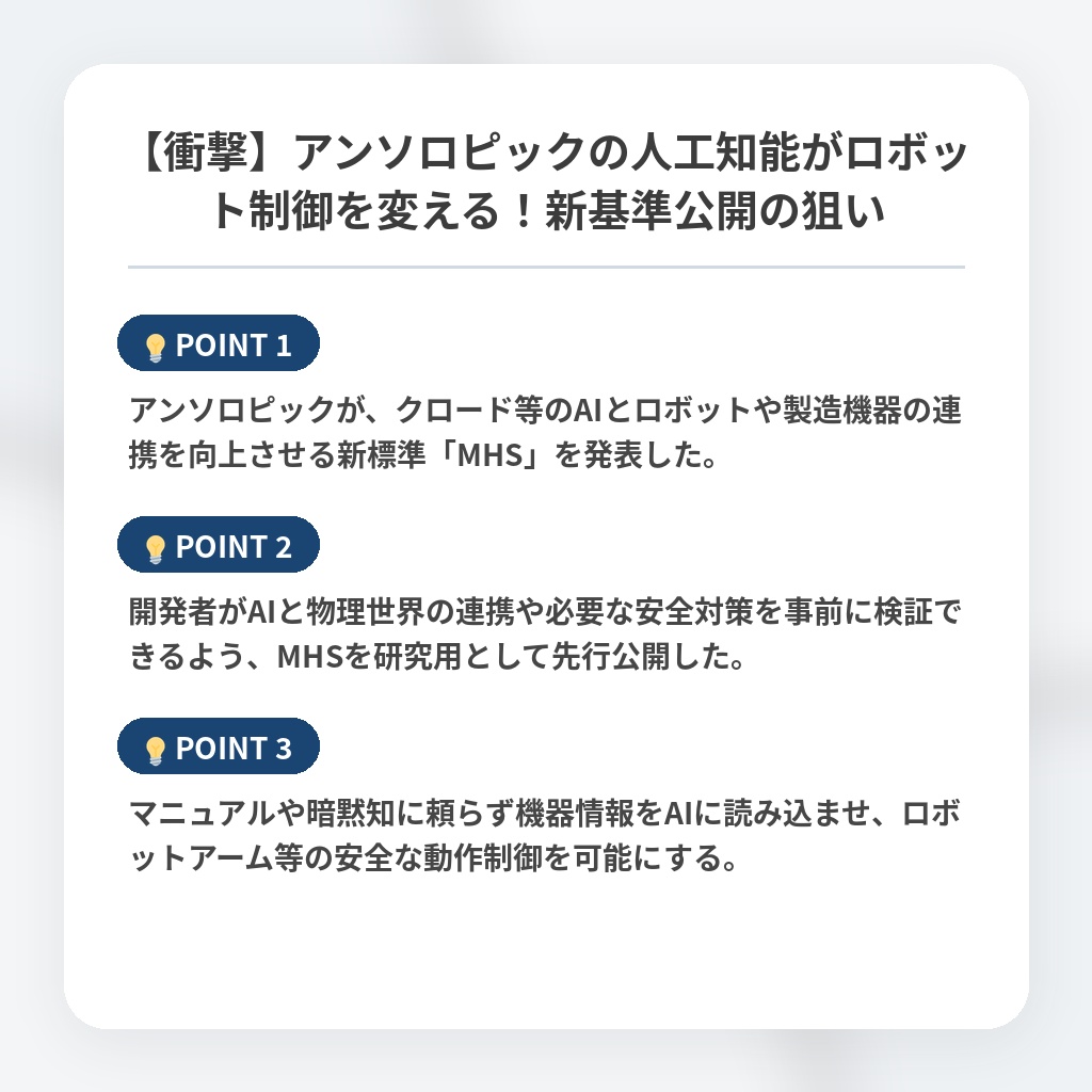 【衝撃】アンソロピックの人工知能がロボット制御を変える！新基準公開の狙いの注目ポイントまとめ