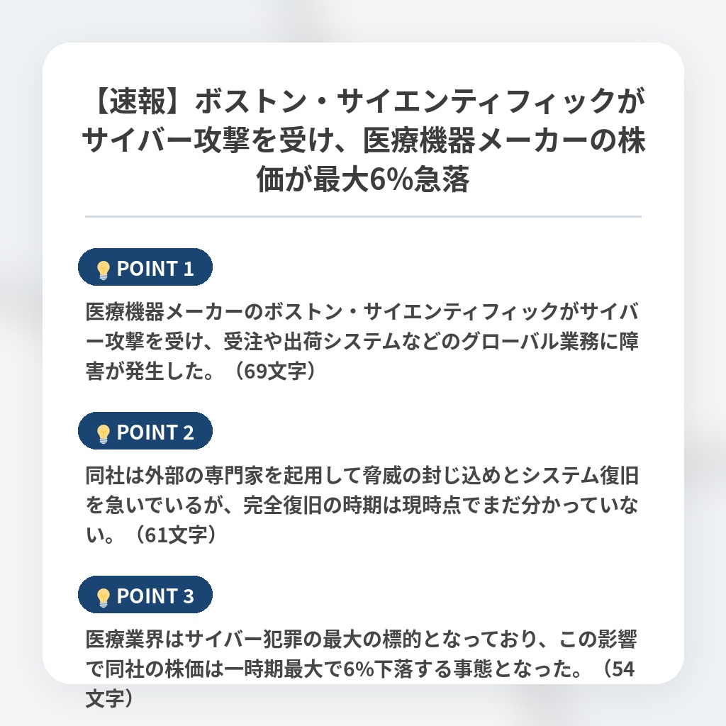 【速報】ボストン・サイエンティフィックがサイバー攻撃を受け、医療機器メーカーの株価が最大6%急落の注目ポイントまとめ