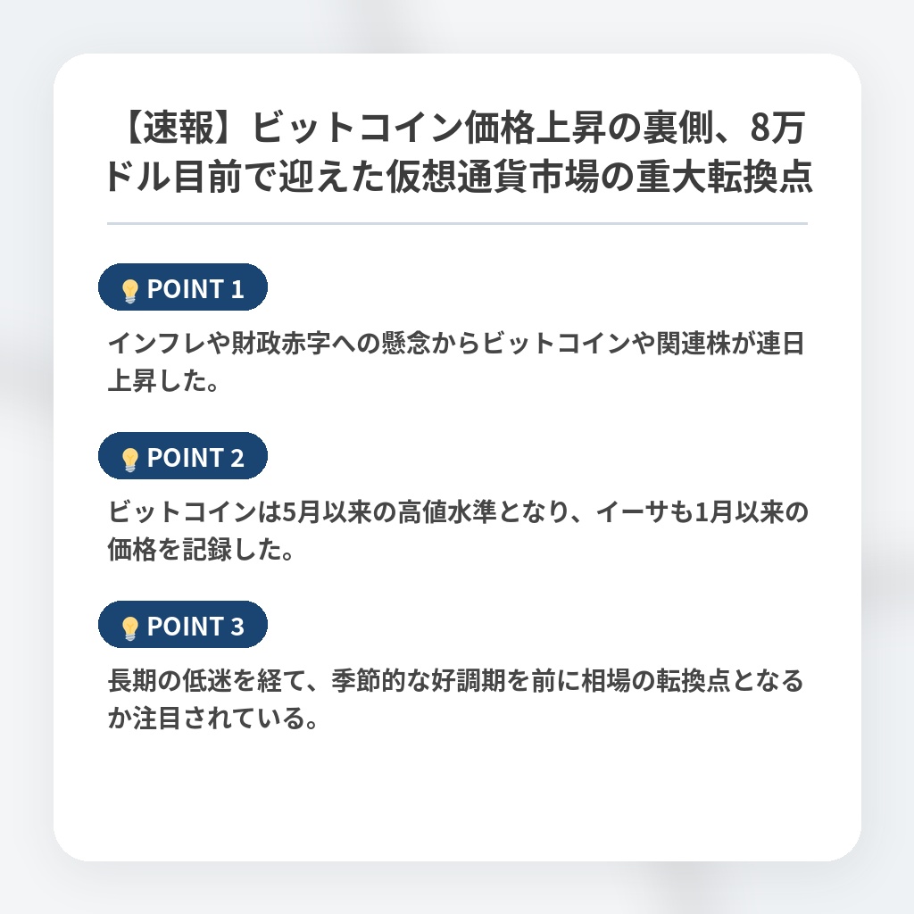 【速報】ビットコイン価格上昇の裏側、8万ドル目前で迎えた仮想通貨市場の重大転換点の注目ポイントまとめ