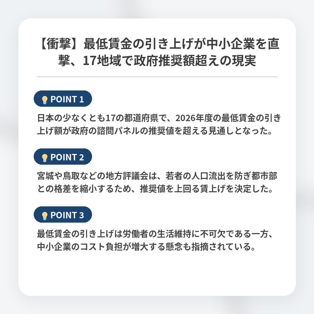 【衝撃】最低賃金の引き上げが中小企業を直撃、17地域で政府推奨額超えの現実の注目ポイントまとめ