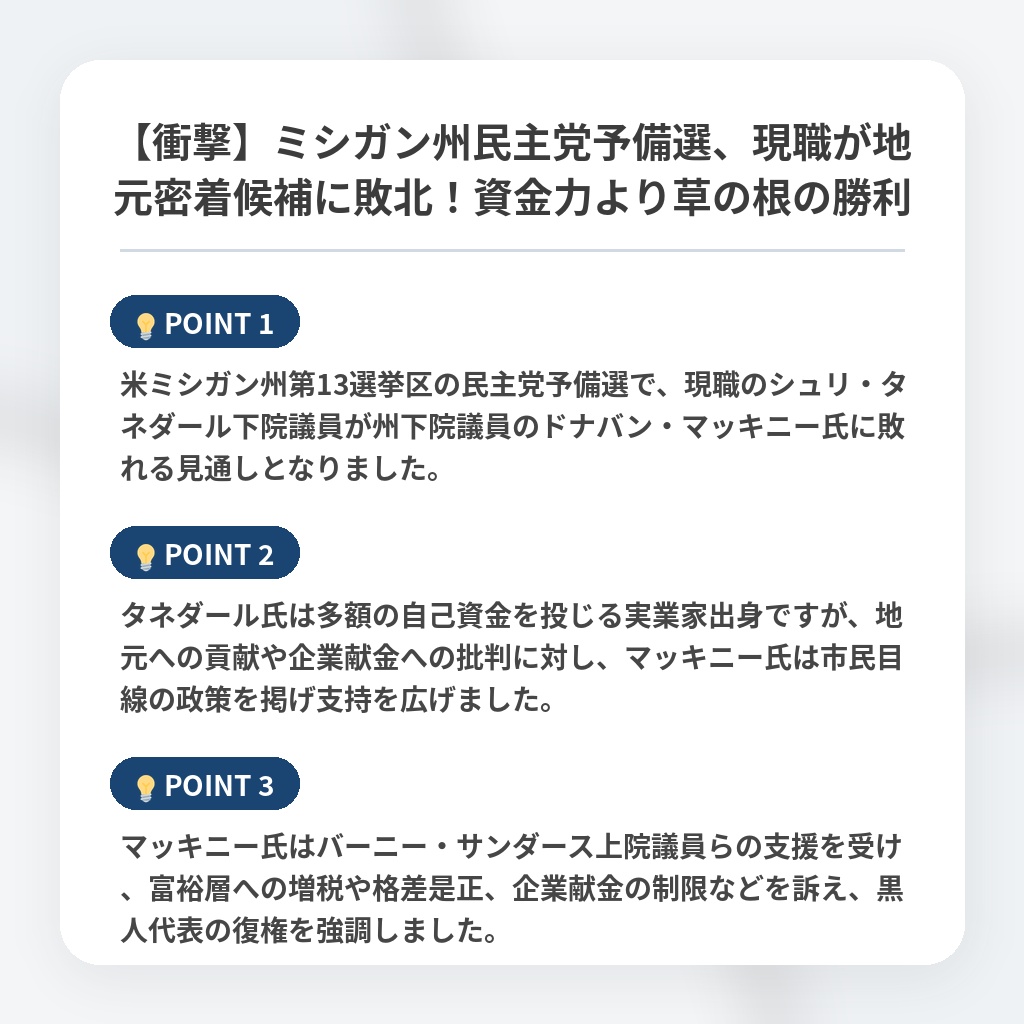 【衝撃】ミシガン州民主党予備選、現職が地元密着候補に敗北！資金力より草の根の勝利の注目ポイントまとめ