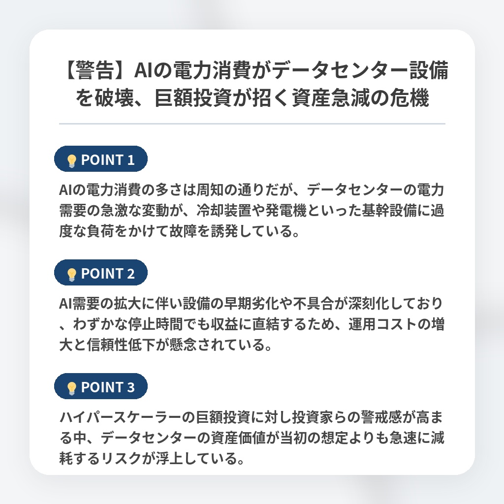 【警告】AIの電力消費がデータセンター設備を破壊、巨額投資が招く資産急減の危機の注目ポイントまとめ