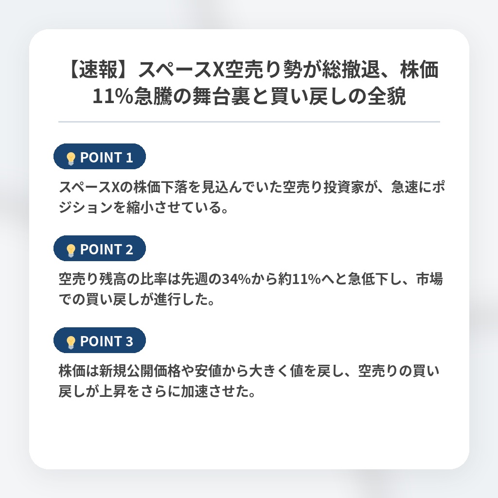 【速報】スペースX空売り勢が総撤退、株価11%急騰の舞台裏と買い戻しの全貌の注目ポイントまとめ