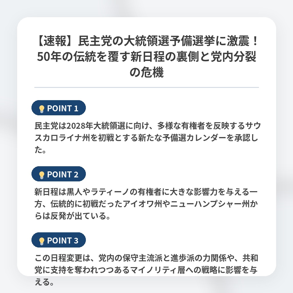 【速報】民主党の大統領選予備選挙に激震！50年の伝統を覆す新日程の裏側と党内分裂の危機の注目ポイントまとめ