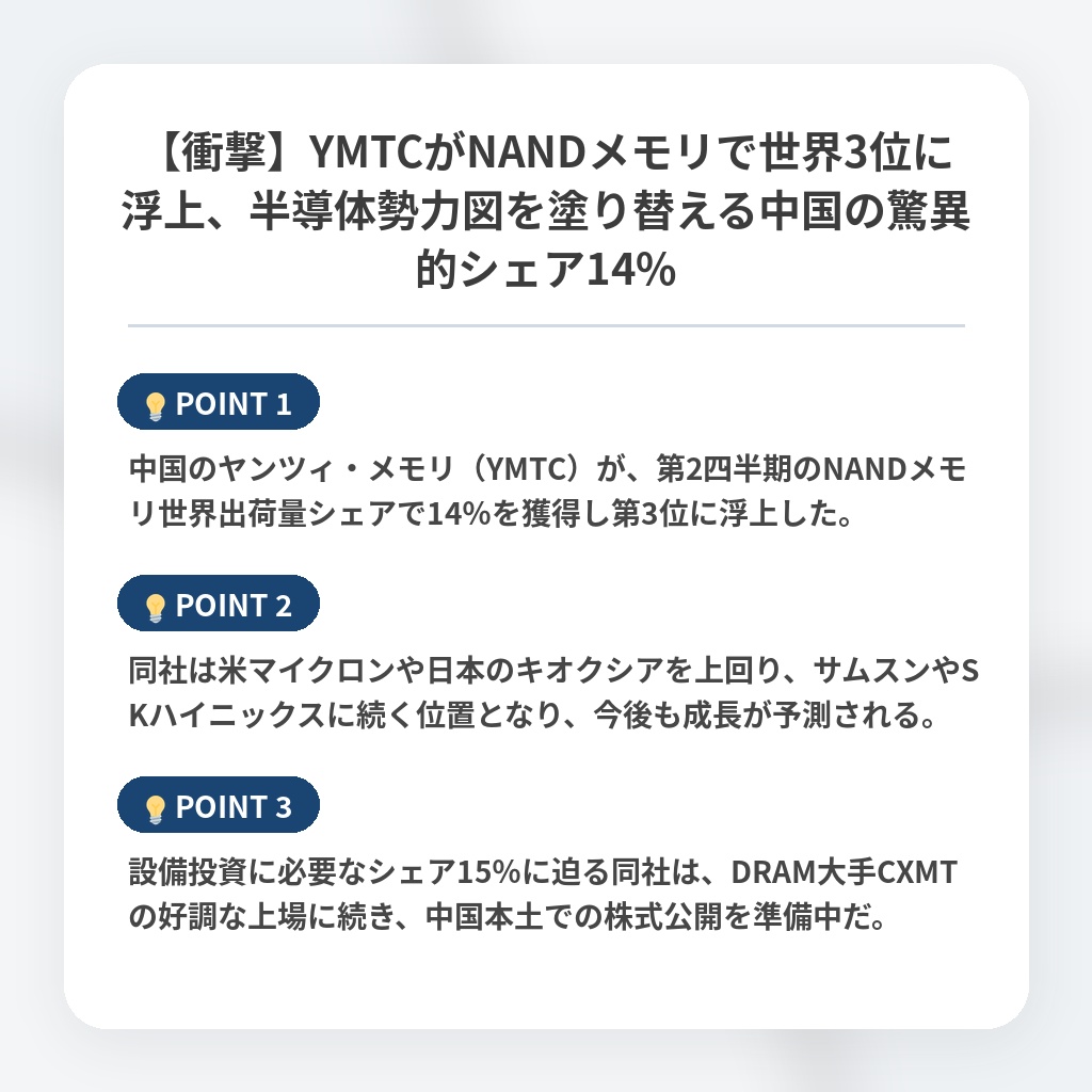 【衝撃】YMTCがNANDメモリで世界3位に浮上、半導体勢力図を塗り替える中国の驚異的シェア14%の注目ポイントまとめ
