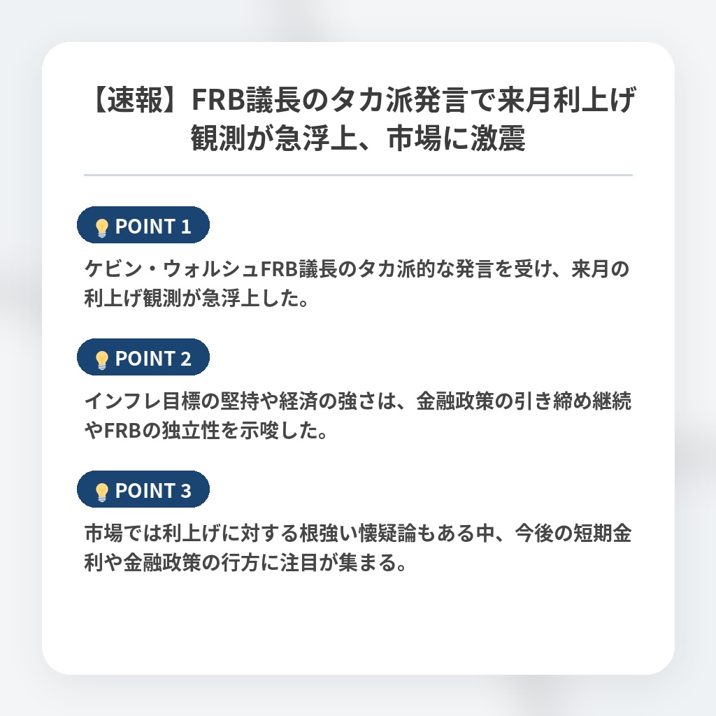 【速報】FRB議長のタカ派発言で来月利上げ観測が急浮上、市場に激震の注目ポイントまとめ