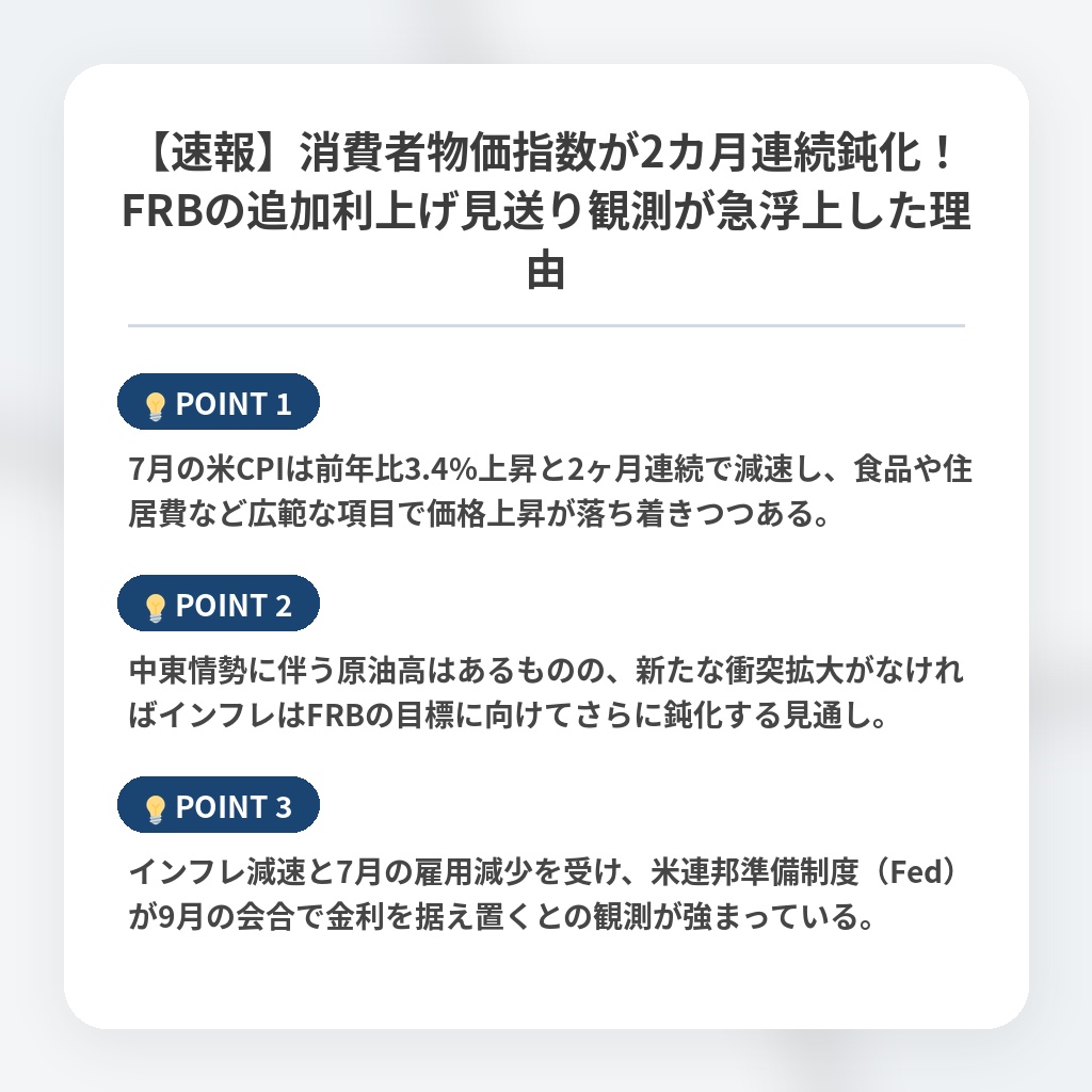 【速報】消費者物価指数が2カ月連続鈍化！FRBの追加利上げ見送り観測が急浮上した理由の注目ポイントまとめ