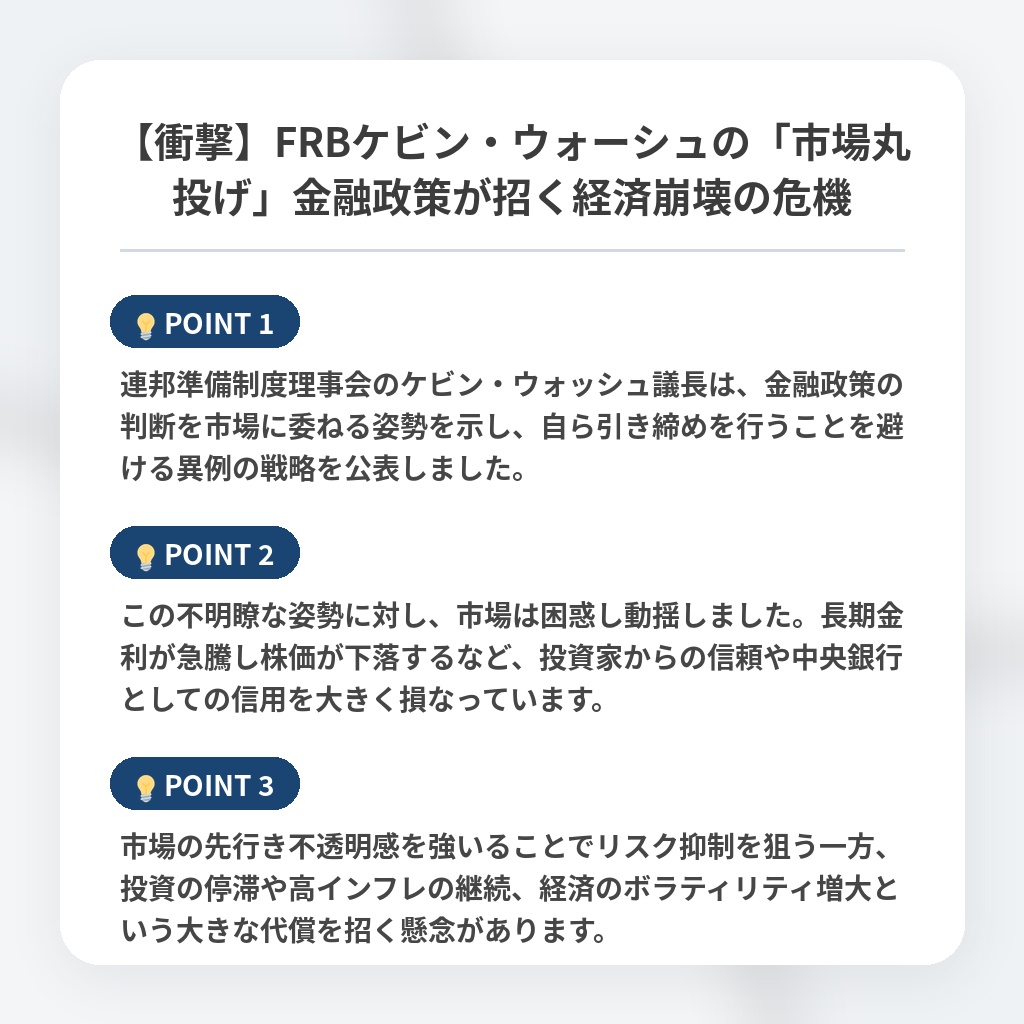 【衝撃】FRBケビン・ウォーシュの「市場丸投げ」金融政策が招く経済崩壊の危機の注目ポイントまとめ