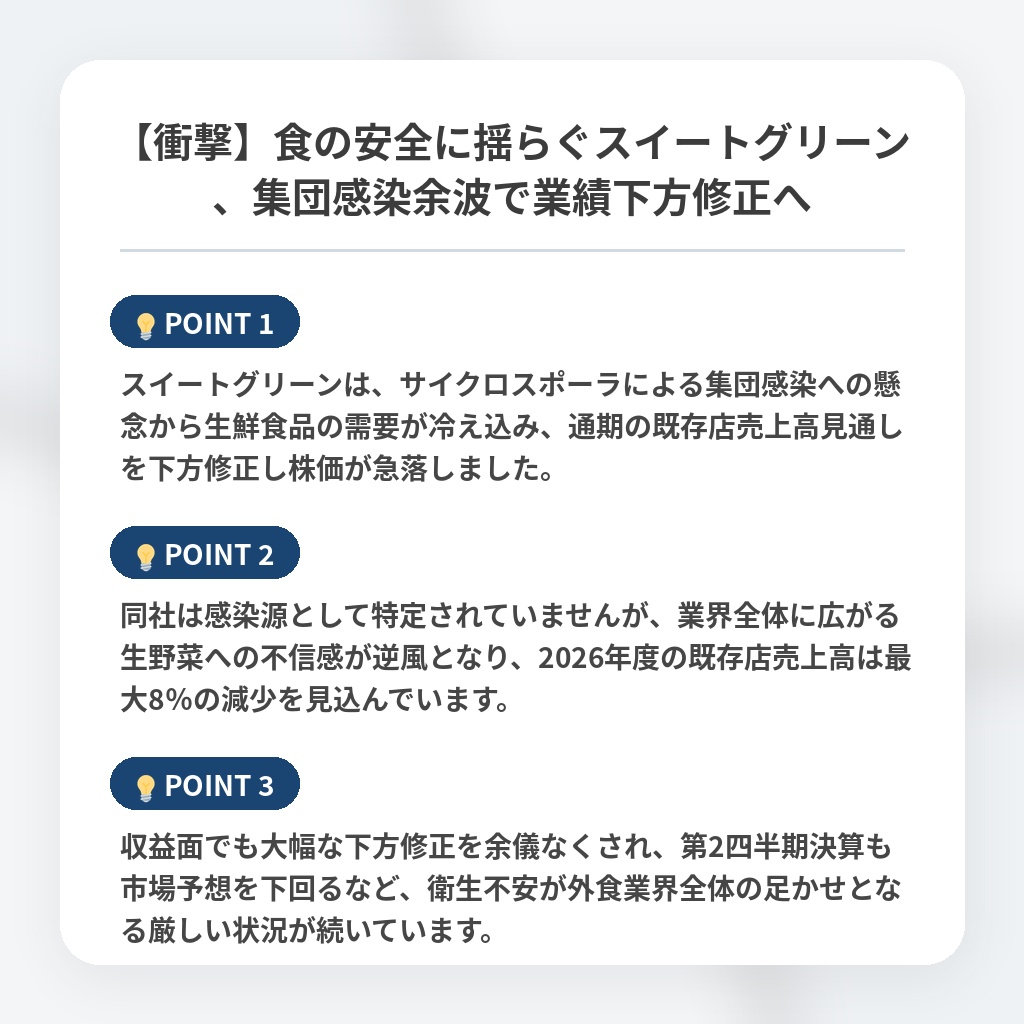 【衝撃】食の安全に揺らぐスイートグリーン、集団感染余波で業績下方修正への注目ポイントまとめ