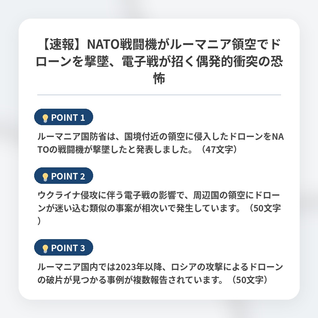 【速報】NATO戦闘機がルーマニア領空でドローンを撃墜、電子戦が招く偶発的衝突の恐怖の注目ポイントまとめ