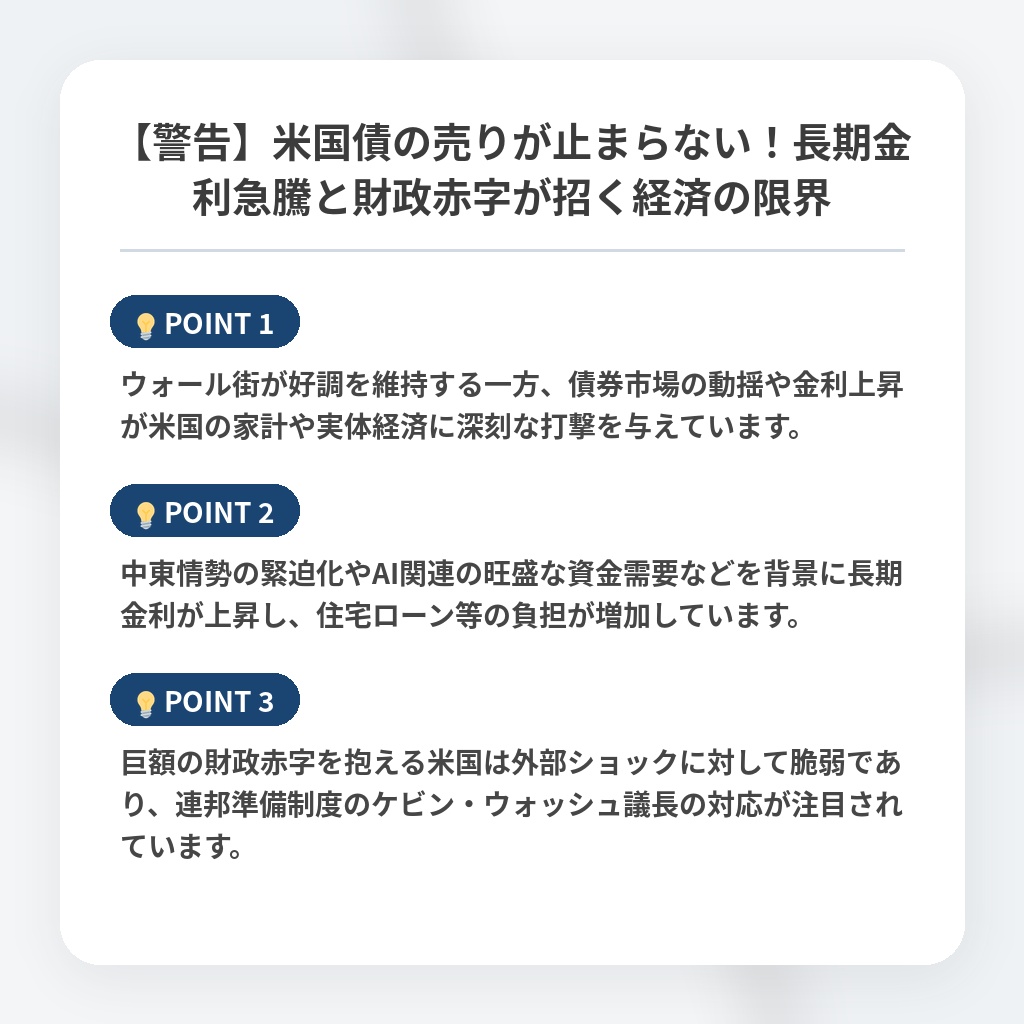 【警告】米国債の売りが止まらない！長期金利急騰と財政赤字が招く経済の限界の注目ポイントまとめ
