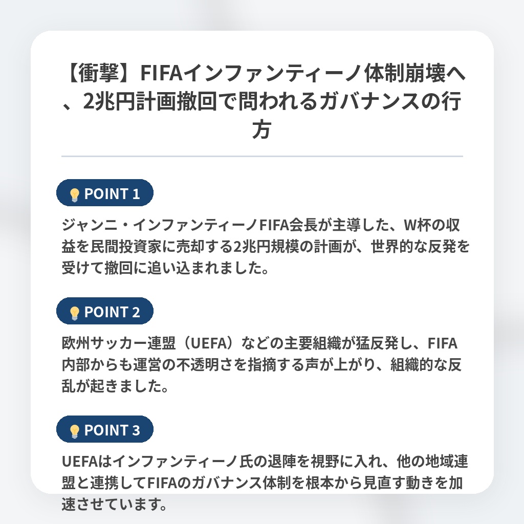 【衝撃】FIFAインファンティーノ体制崩壊へ、2兆円計画撤回で問われるガバナンスの行方の注目ポイントまとめ