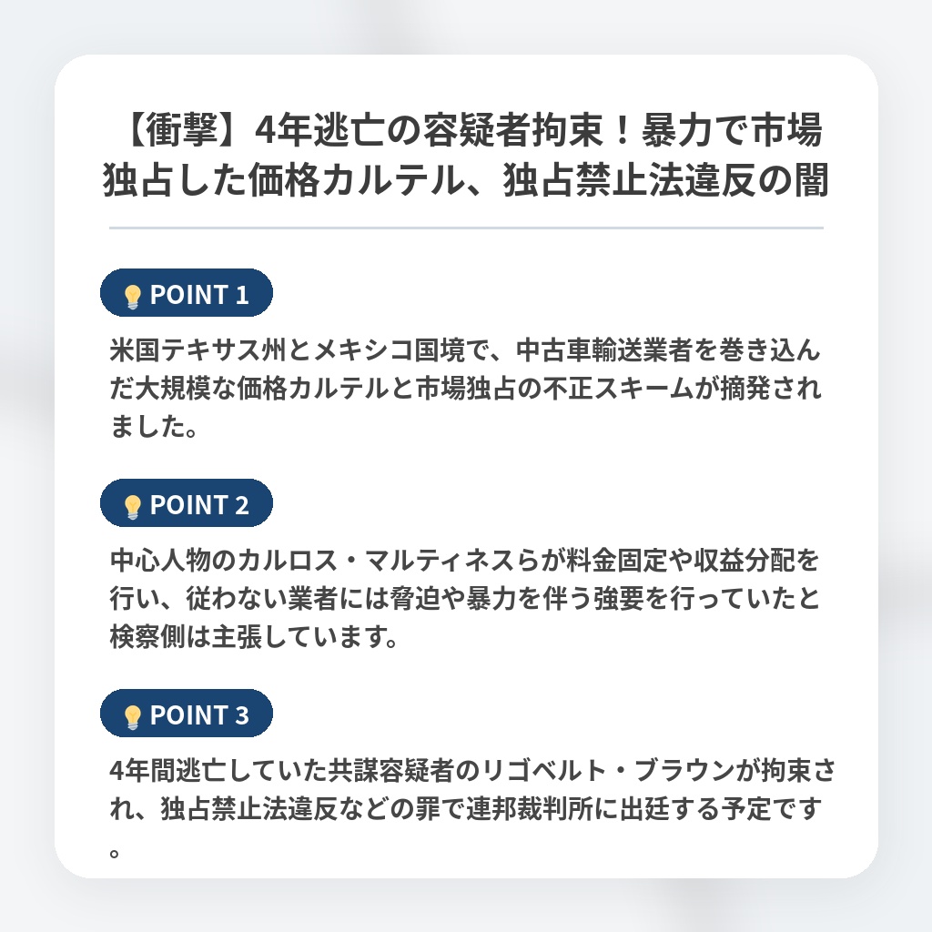 【衝撃】4年逃亡の容疑者拘束！暴力で市場独占した価格カルテル、独占禁止法違反の闇の注目ポイントまとめ